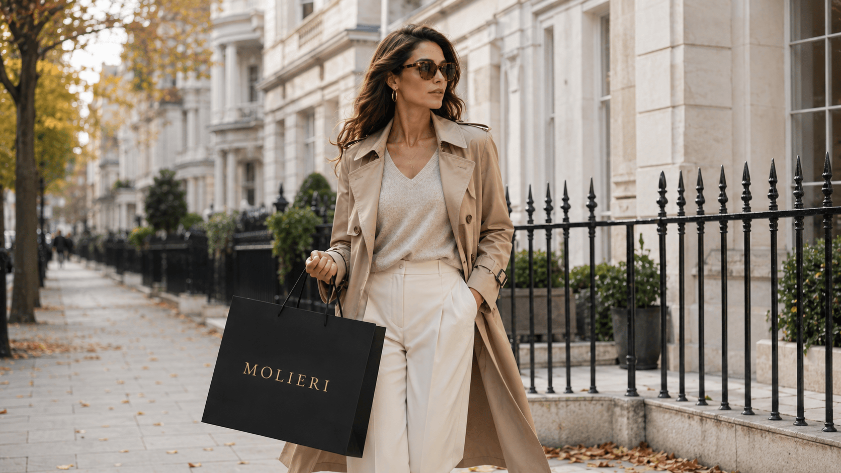 A woman in a beige trench coat and oatmeal knit walking past a white stucco terrace, carrying a black Molieri shopping bag.