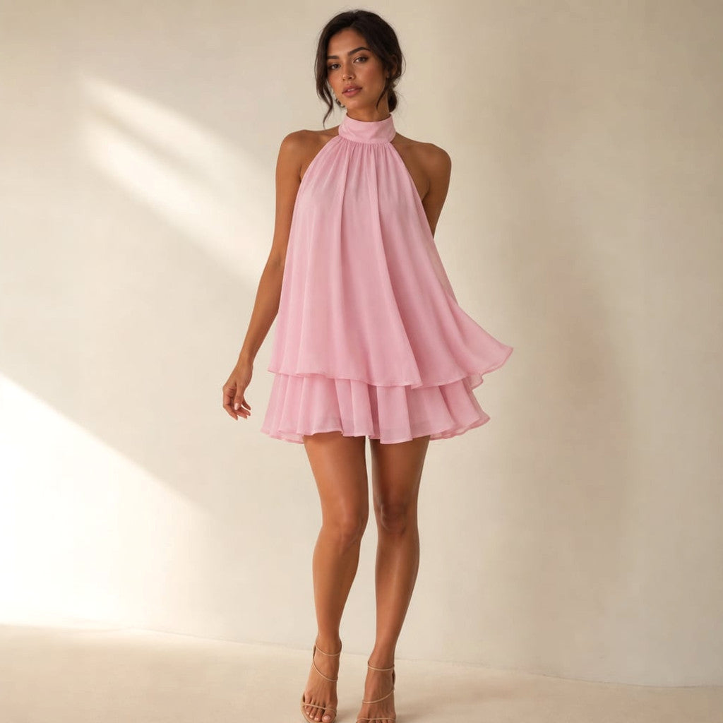 Chiffon Mini Dress Tiered Ruffle Halter Open Back in Pink – Molieri
