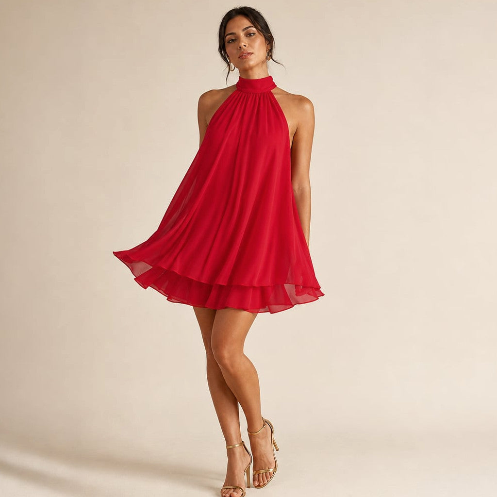 Chiffon Mini Dress Tiered Ruffle Halter Open Back in Red – Molieri