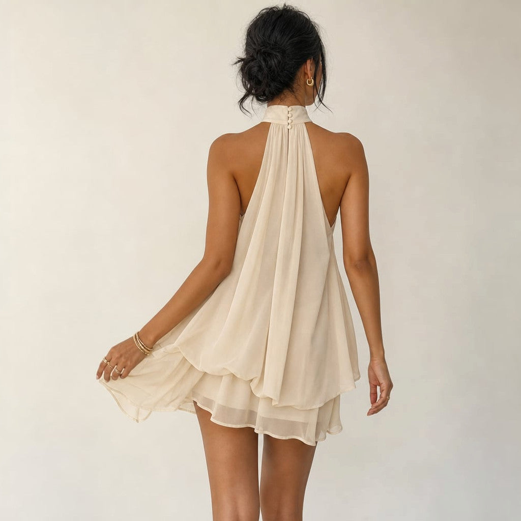 Chiffon Mini Dress Tiered Ruffle Halter Open Back – Molieri