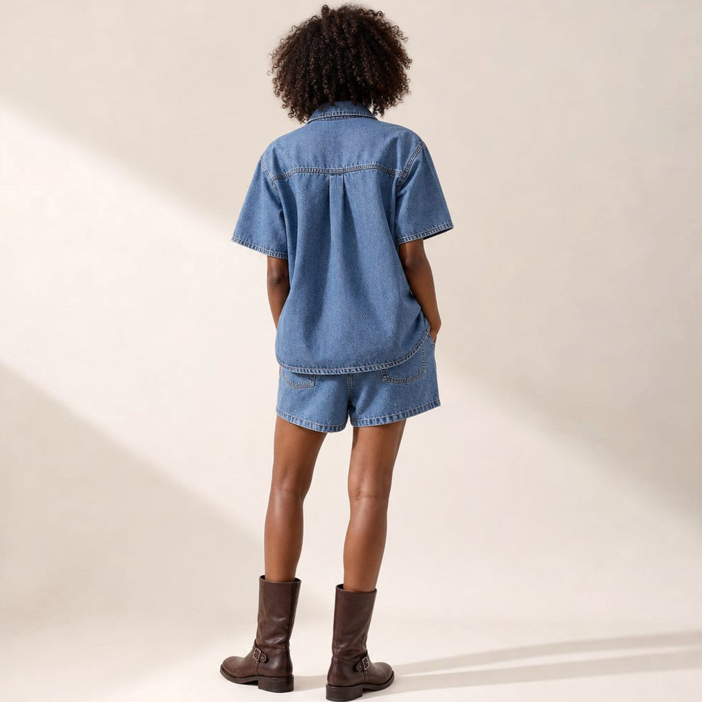 Denim Co-ord Button-Down Top and Shorts Two-Piece Set – Molieri
