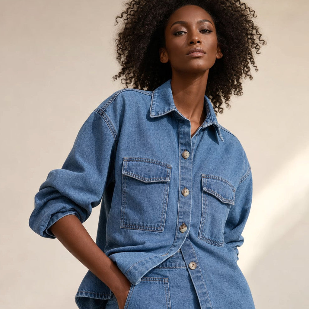 Denim Co-ord Button-Down Top and Shorts Two-Piece Set – Molieri