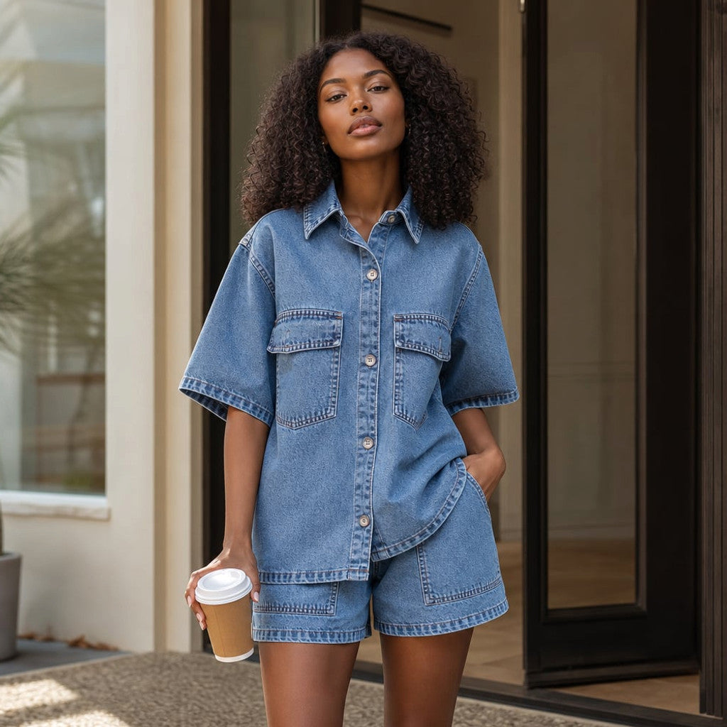 Denim Co-ord Button-Down Top and Shorts Two-Piece Set – Molieri
