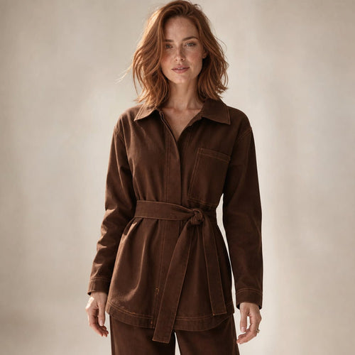 Amy longline chocolate denim top with adjustable waist tie and collared V-neckline, front view