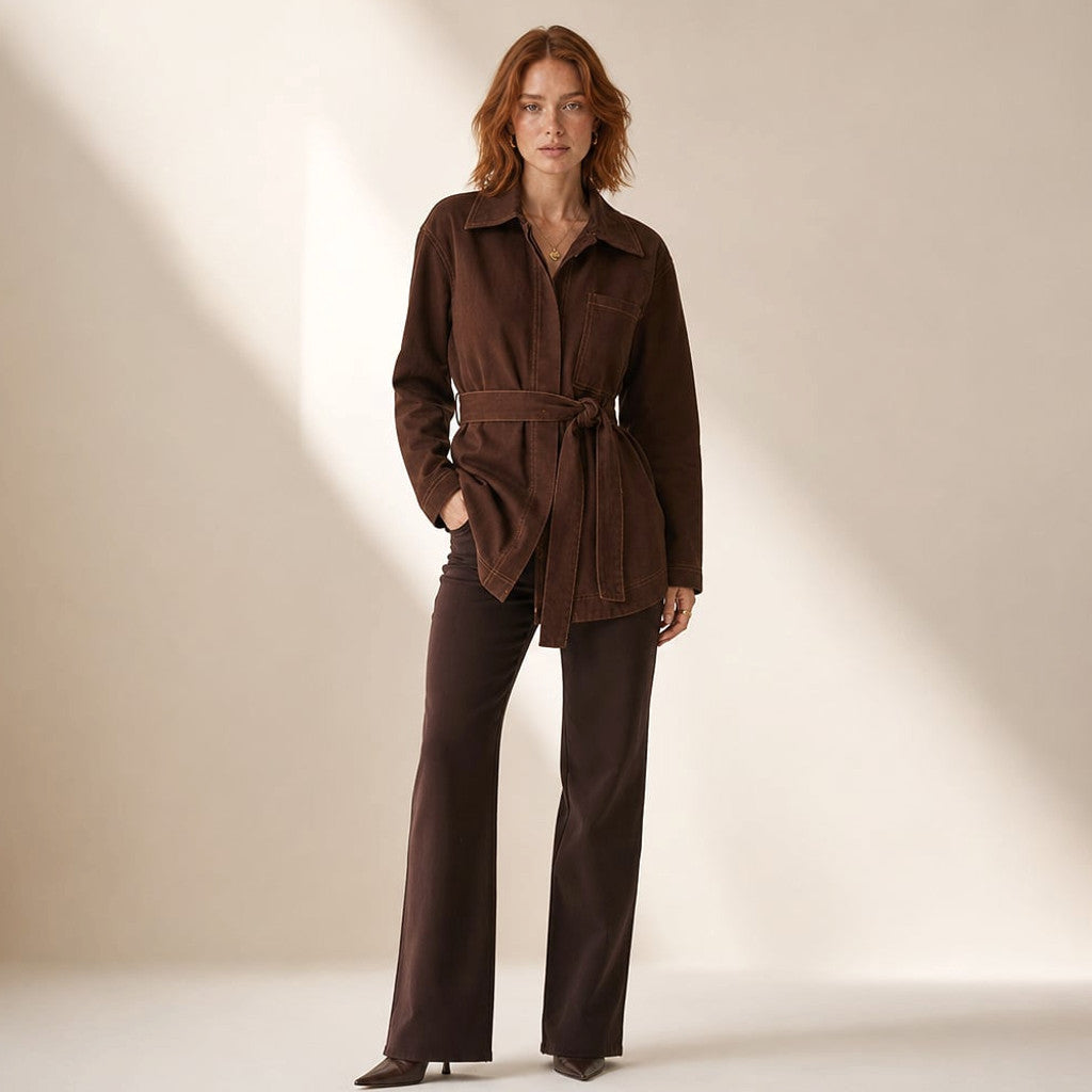 Longline Denim Top Waist Tie V-Neck Chocolate Denim – Molieri