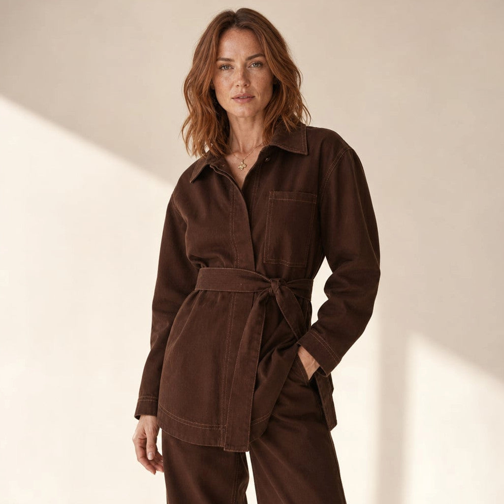 Longline Denim Top Waist Tie V-Neck Chocolate Denim – Molieri