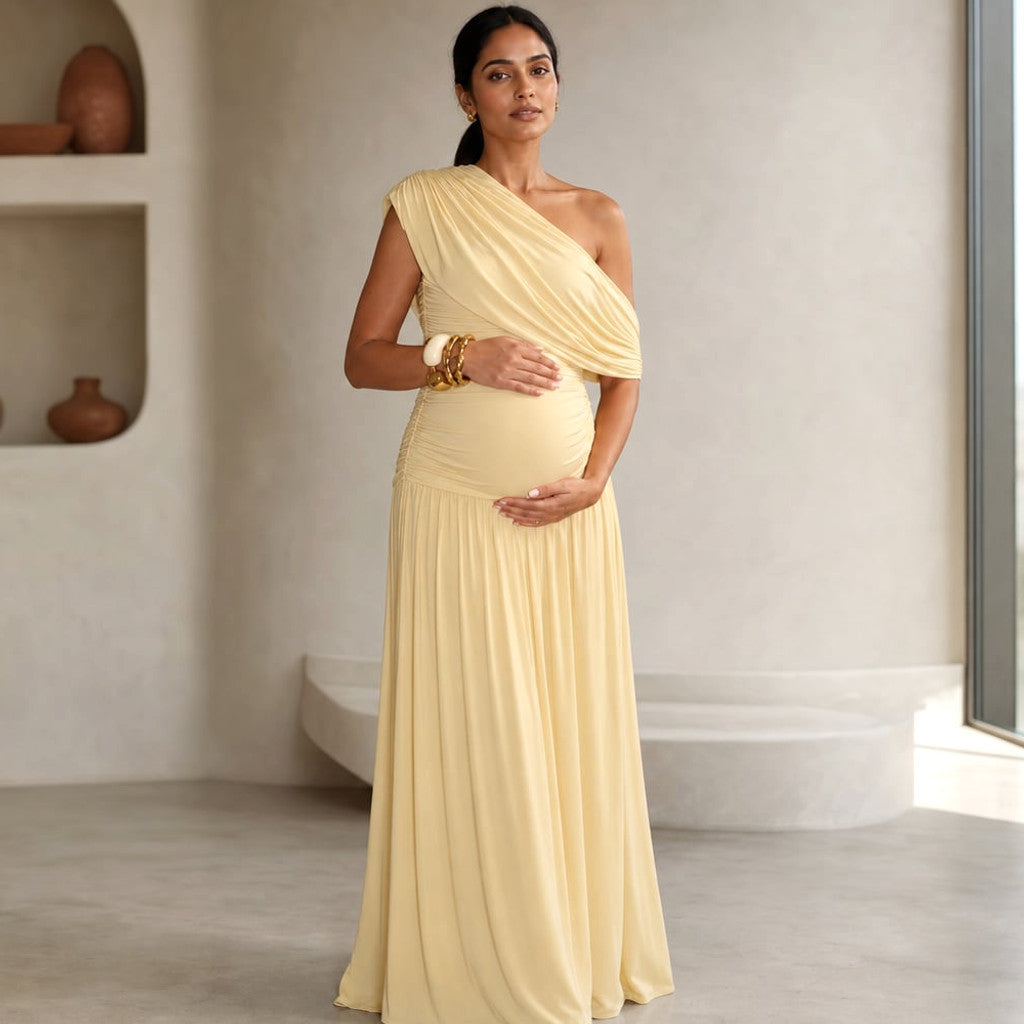 One-Shoulder Maxi Dress Asymmetric Maternity Gathered Waist – Molieri