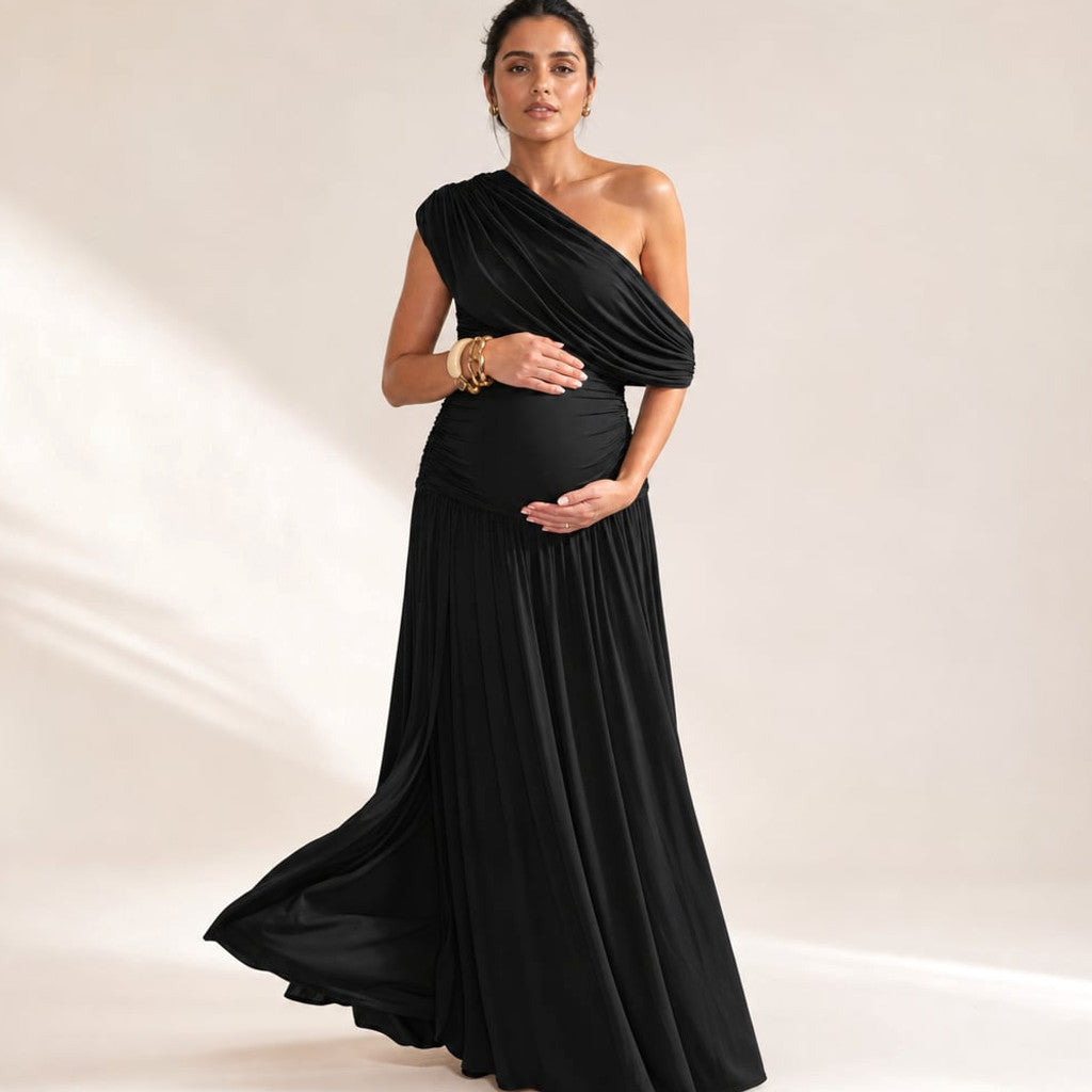One-Shoulder Maxi Dress Asymmetric Maternity Gathered Waist in Black – Molieri