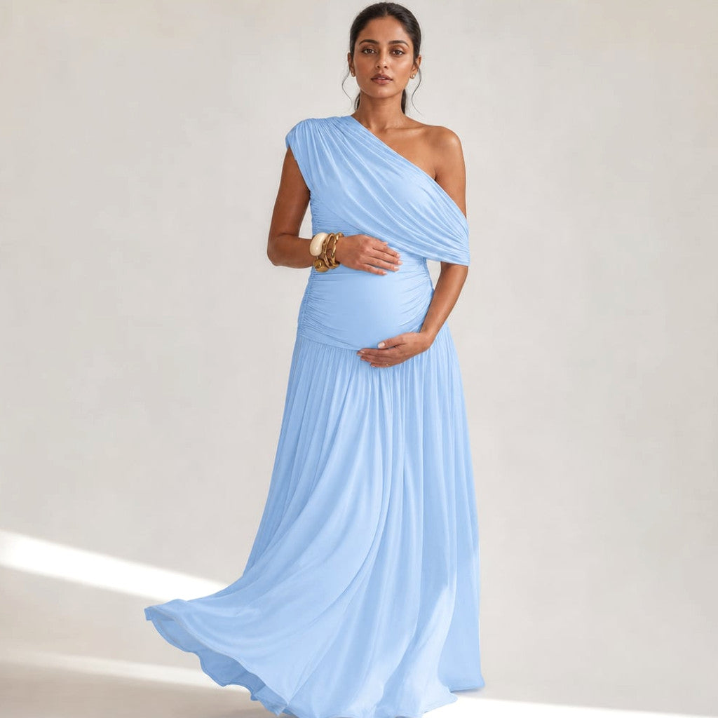 One-Shoulder Maxi Dress Asymmetric Maternity Gathered Waist in Light Blue – Molieri