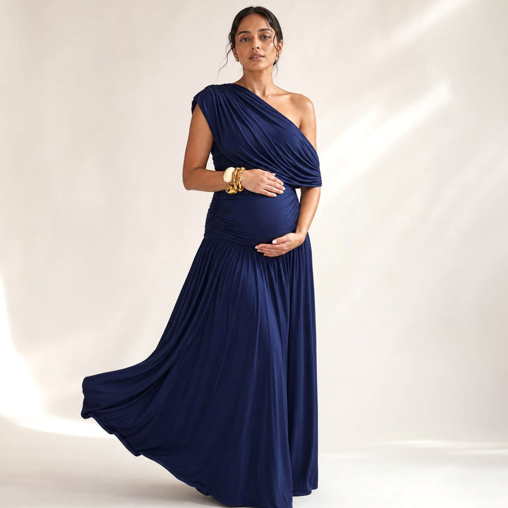 One-Shoulder Maxi Dress Asymmetric Maternity Gathered Waist in Navy – Molieri