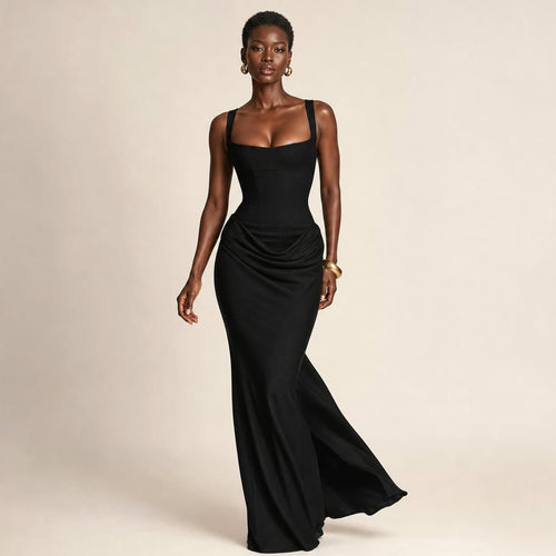 Rysa backless bodycon maxi dress in black, showing clean open-back detail from neckline to lower back, floor-length silhouette