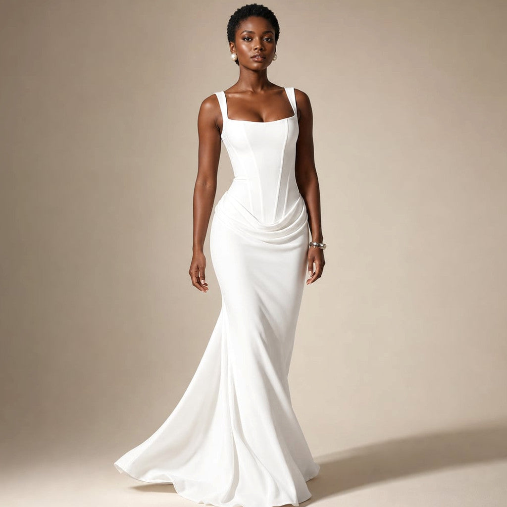 Backless Bodycon Maxi Dress Open Back Floor Length in White – Molieri