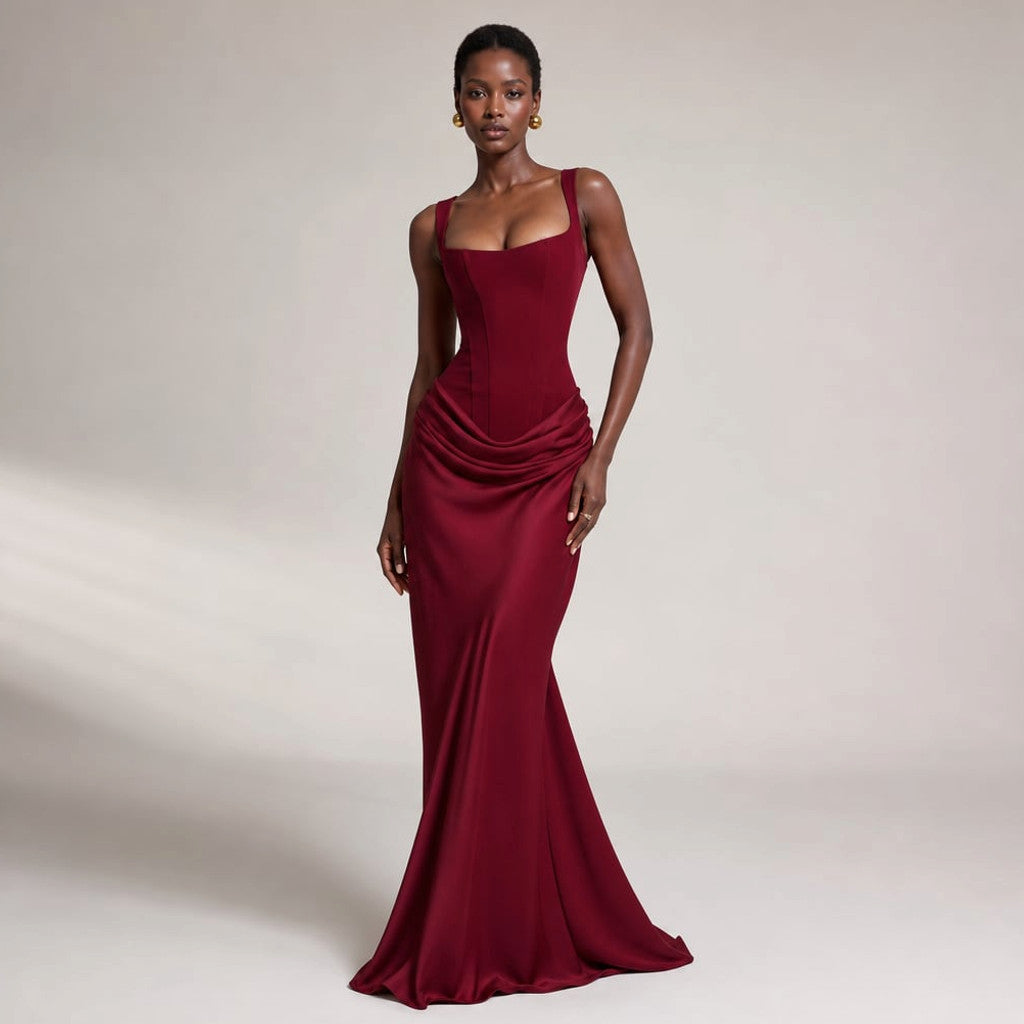 Backless Bodycon Maxi Dress Open Back Floor Length in Burgundy – Molieri