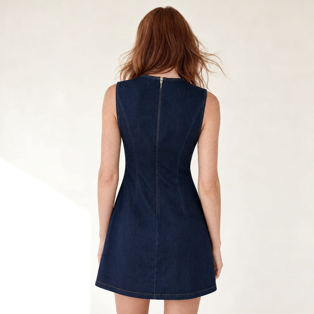 Mini Dress Dark Denim Asymmetric Button A-Line Sleeveless Dark Denim – Molieri