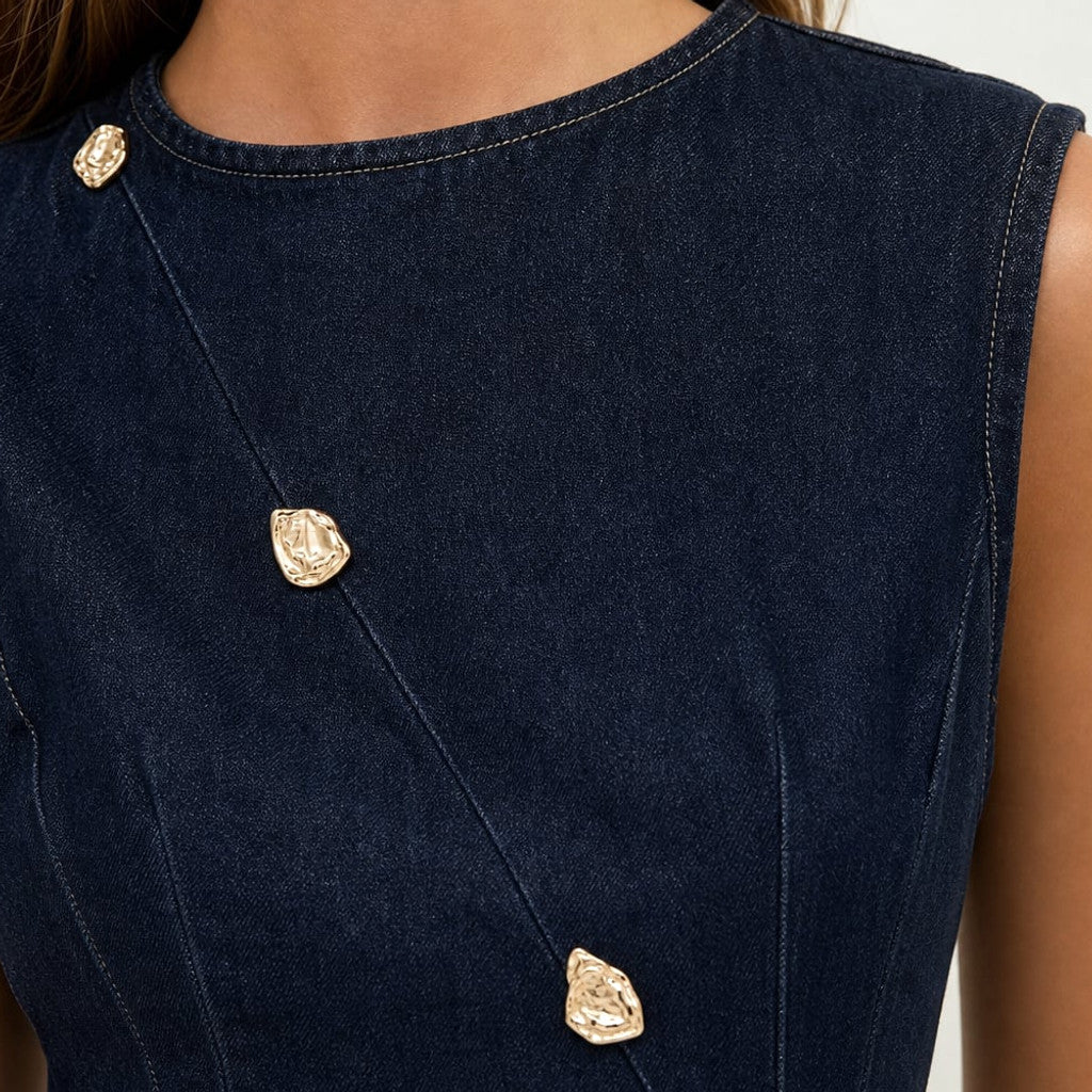 Mini Dress Dark Denim Asymmetric Button A-Line Sleeveless Dark Denim – Molieri