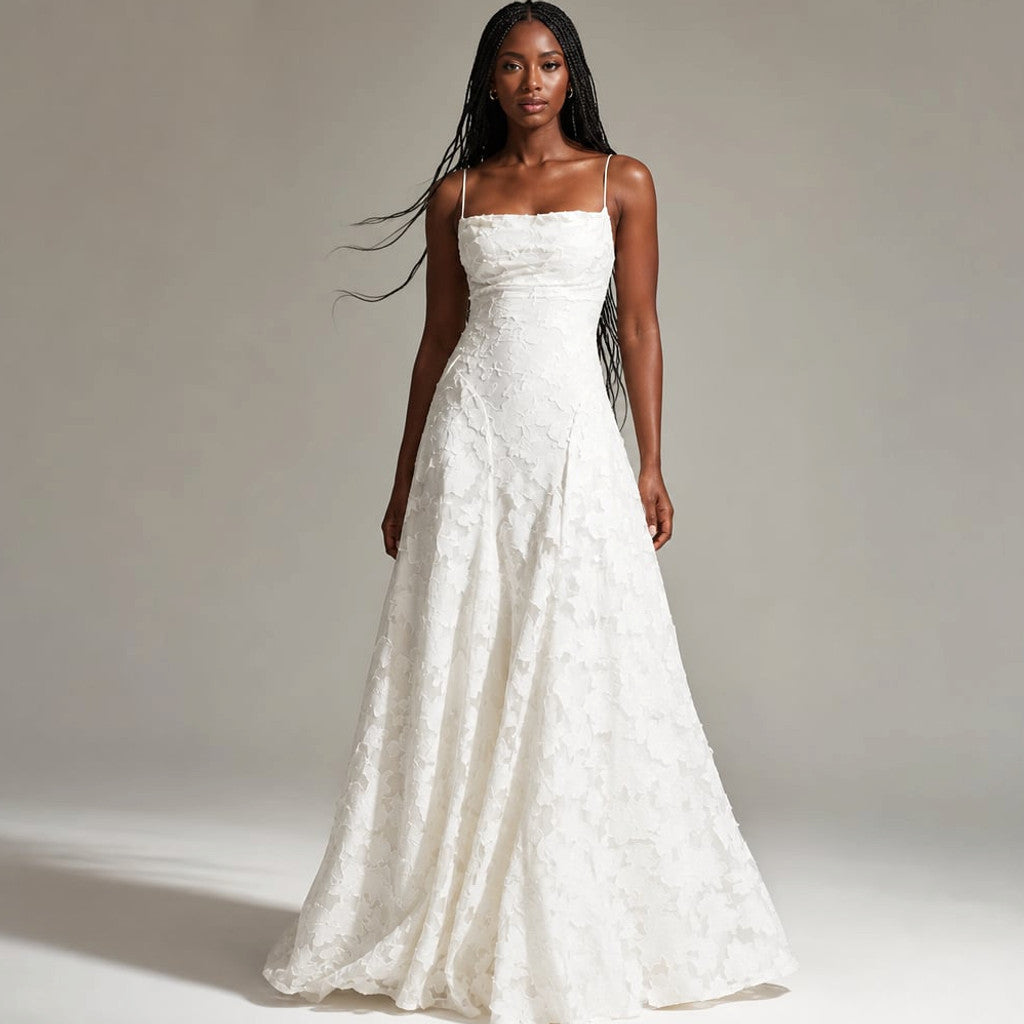 Sledyn floral maxi dress in White — thin shoulder straps, fitted bodice, floor-length skirt with floral print