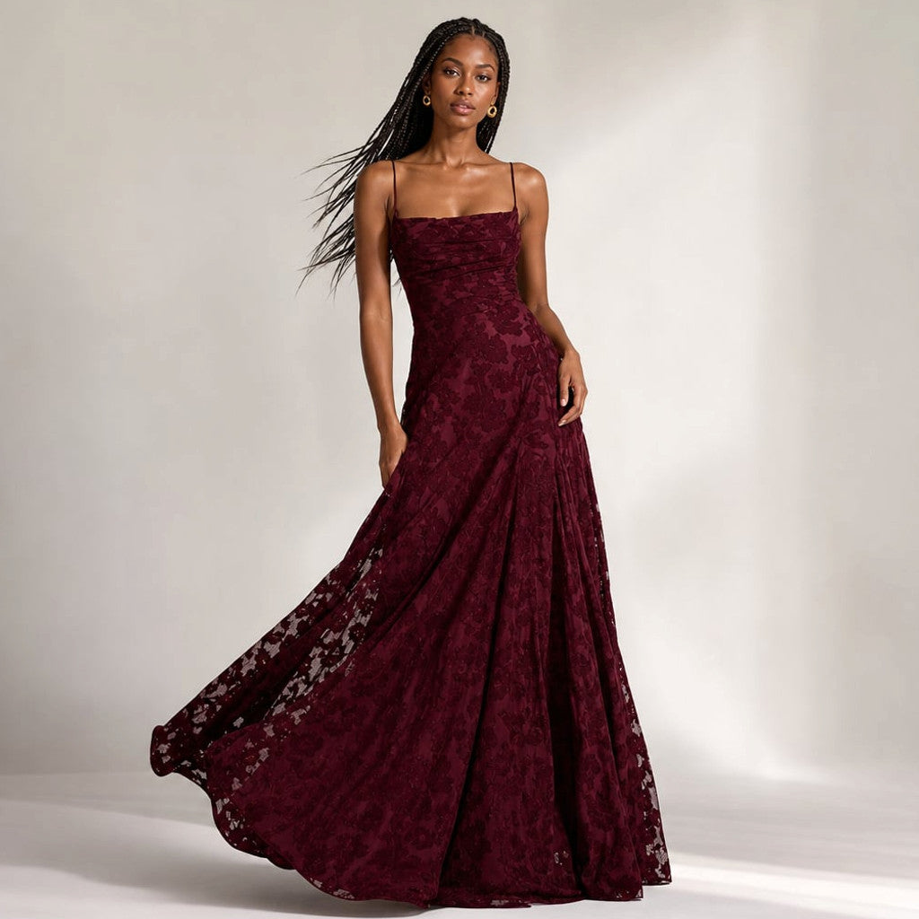 Floral Maxi Dress Thin Strap Summer in Burgundy – Molieri