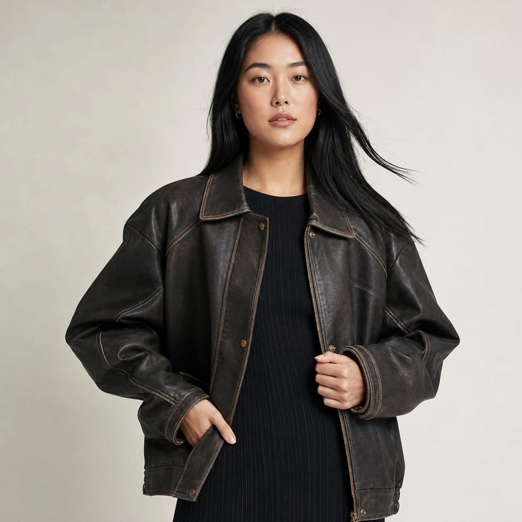 Oversized PU bomber jacket in charcoal brown with contrast topstitching, front zip and two hand pockets, shown full-length on model