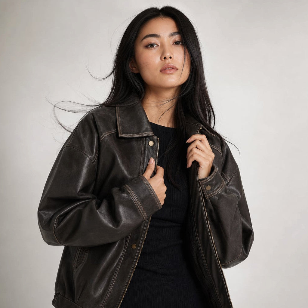 Model wearing the Jorja oversized charcoal-brown PU bomber jacket layered over a fitted top, hip-length silhouette with bold seam stitching detail