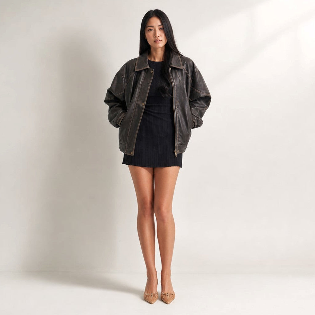 Bomber Jacket Oversized PU Contrast Stitch Charcoal Brown – Molieri