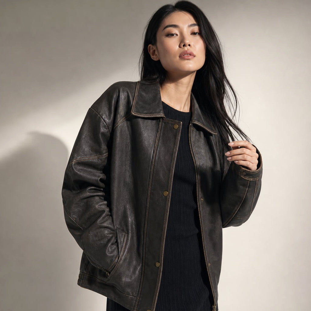 Bomber Jacket Oversized PU Contrast Stitch Charcoal Brown – Molieri