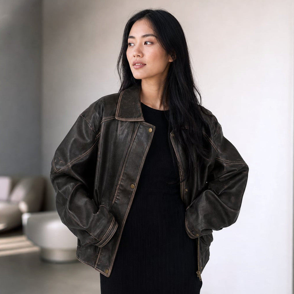 Bomber Jacket Oversized PU Contrast Stitch Charcoal Brown – Molieri