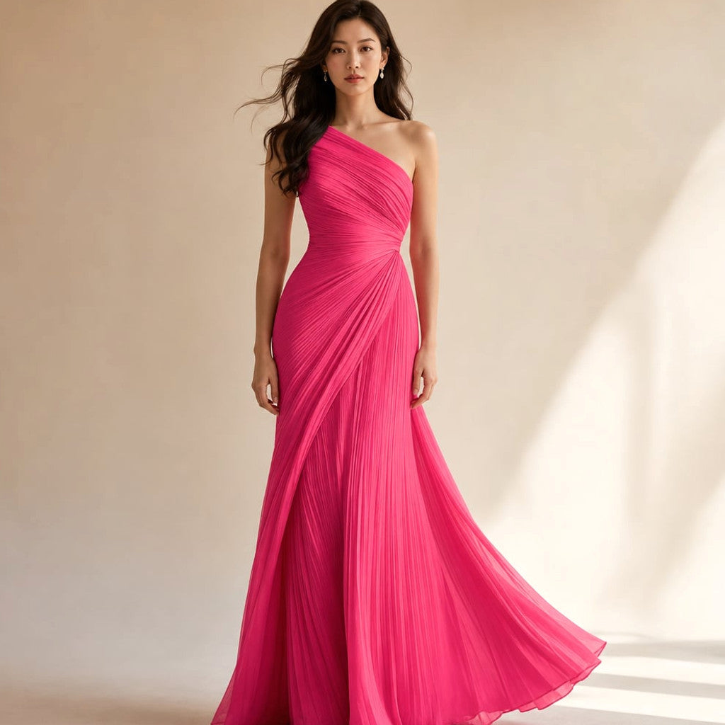 Pink one-shoulder pleated maxi dress with full floor-length skirt and asymmetric bodice, front view
