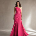Model wearing pink one-shoulder pleated formal maxi dress, full-length silhouette