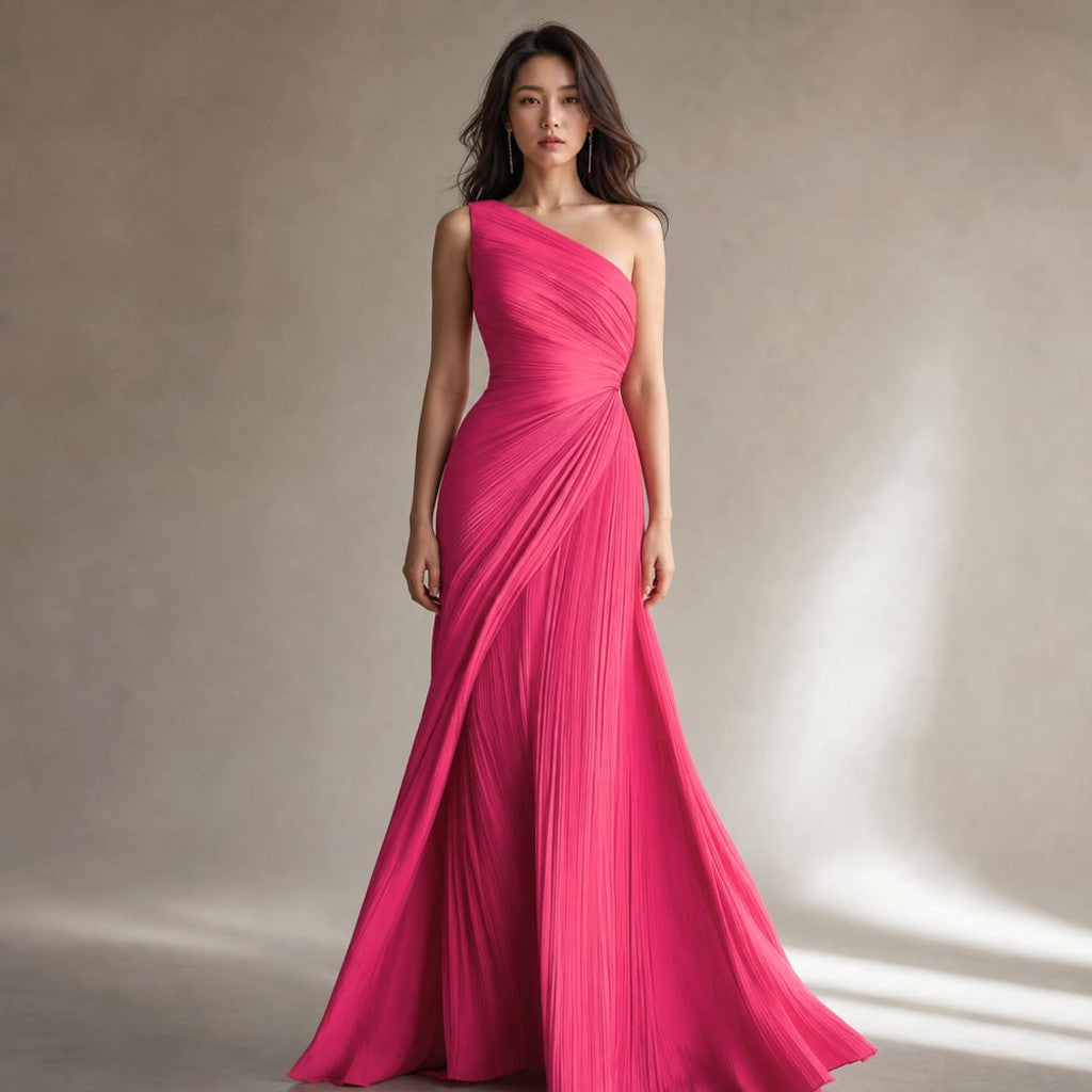 Model wearing pink one-shoulder pleated formal maxi dress, full-length silhouette