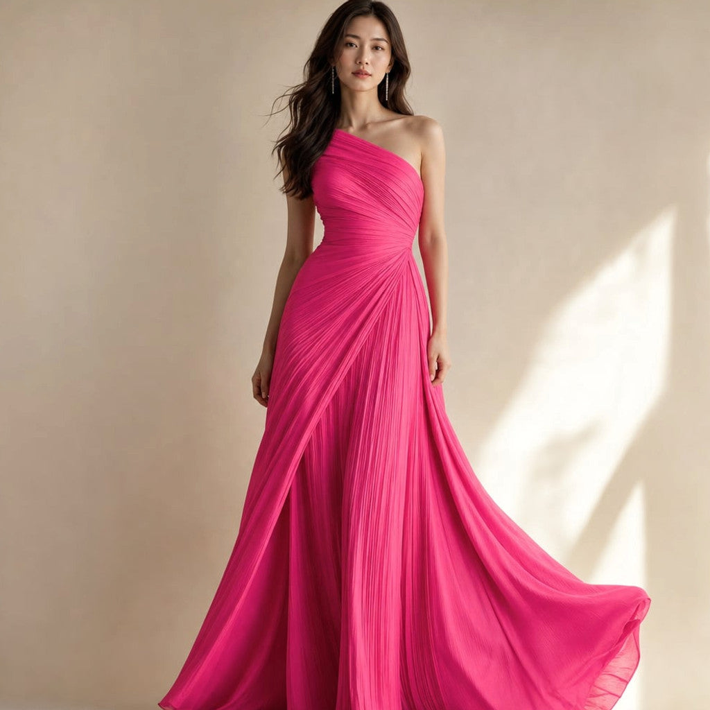 One-Shoulder Pleated Maxi Dress Formal Gown Pink – Molieri