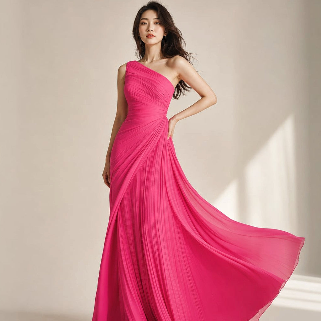 One-Shoulder Pleated Maxi Dress Formal Gown Pink – Molieri