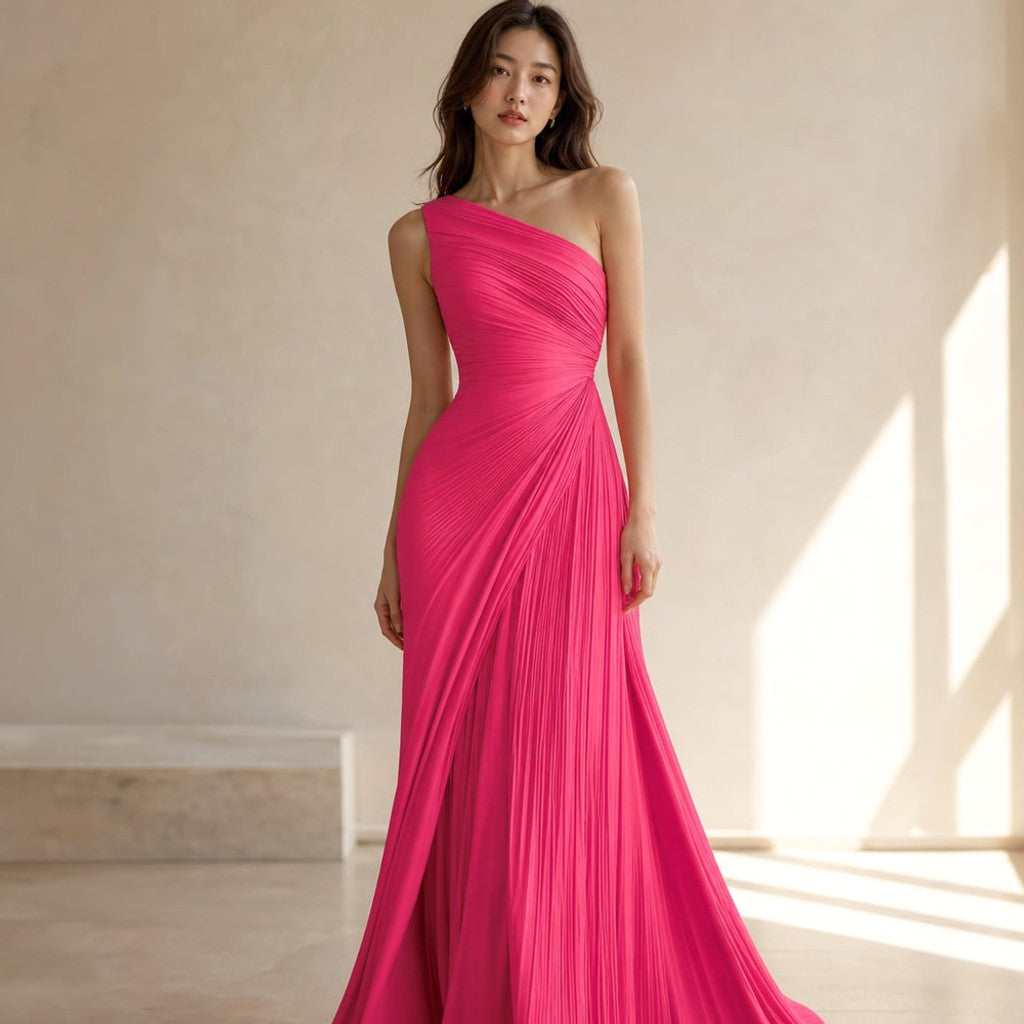 One-Shoulder Pleated Maxi Dress Formal Gown Pink – Molieri