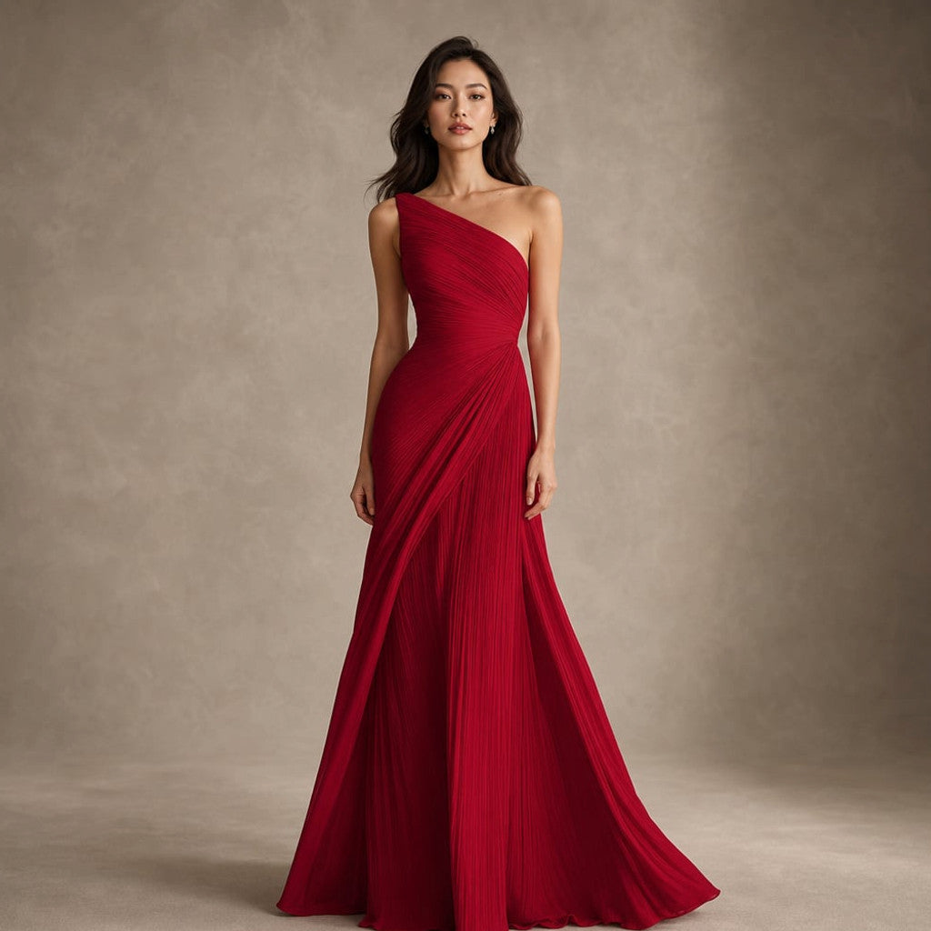 One-Shoulder Pleated Maxi Dress Formal Gown Pink in Red – Molieri