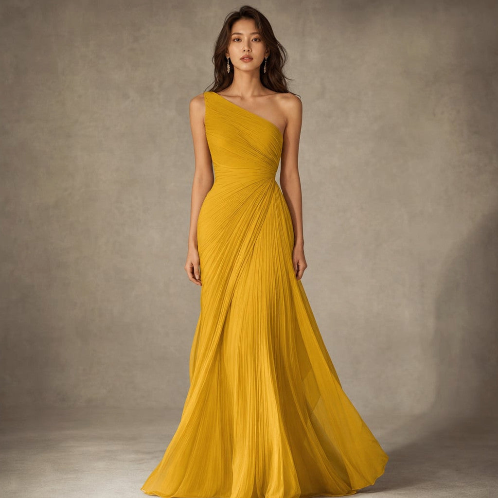 One-Shoulder Pleated Maxi Dress Formal Gown Pink in Yellow – Molieri