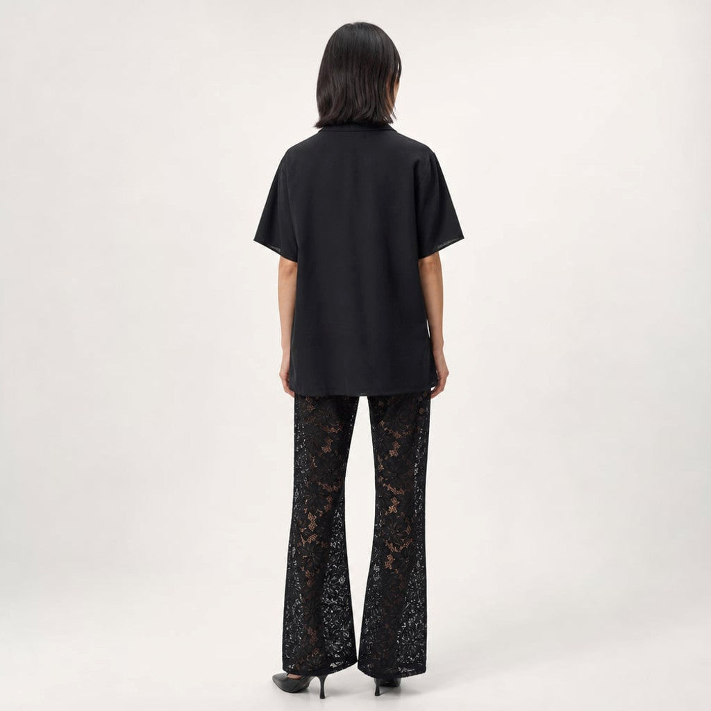 Two-Piece Set Cotton V-Neck Top Sheer Lace Wide-Leg Trousers Black – Molieri