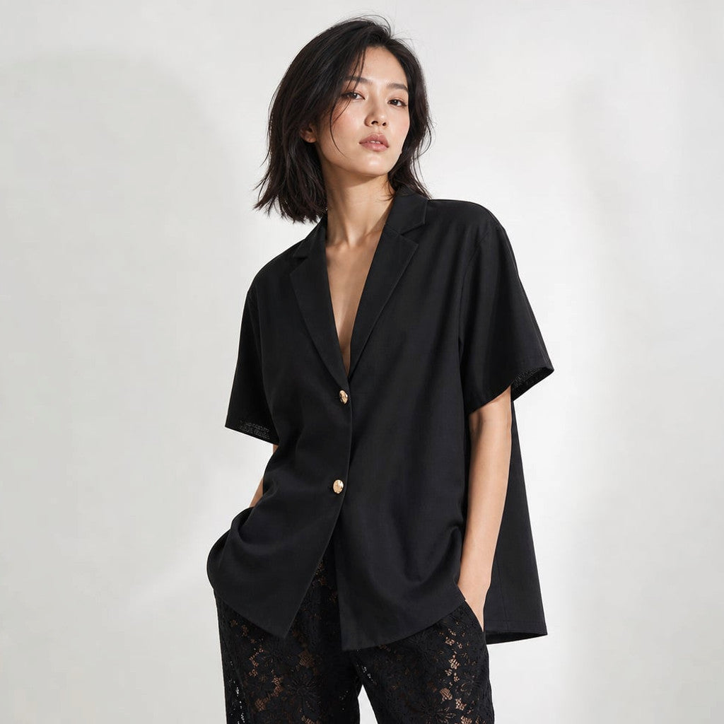 Two-Piece Set Cotton V-Neck Top Sheer Lace Wide-Leg Trousers Black – Molieri