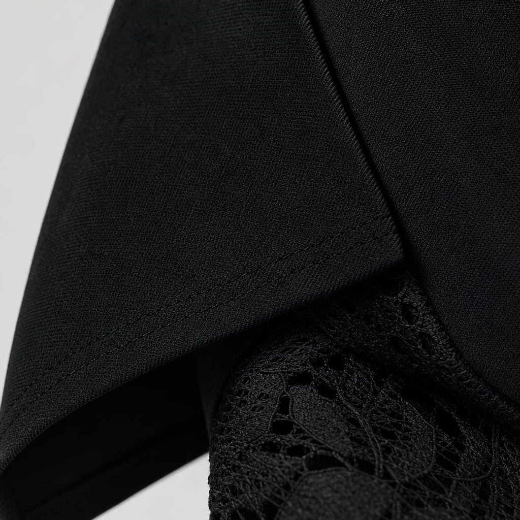 Two-Piece Set Cotton V-Neck Top Sheer Lace Wide-Leg Trousers Black – Molieri