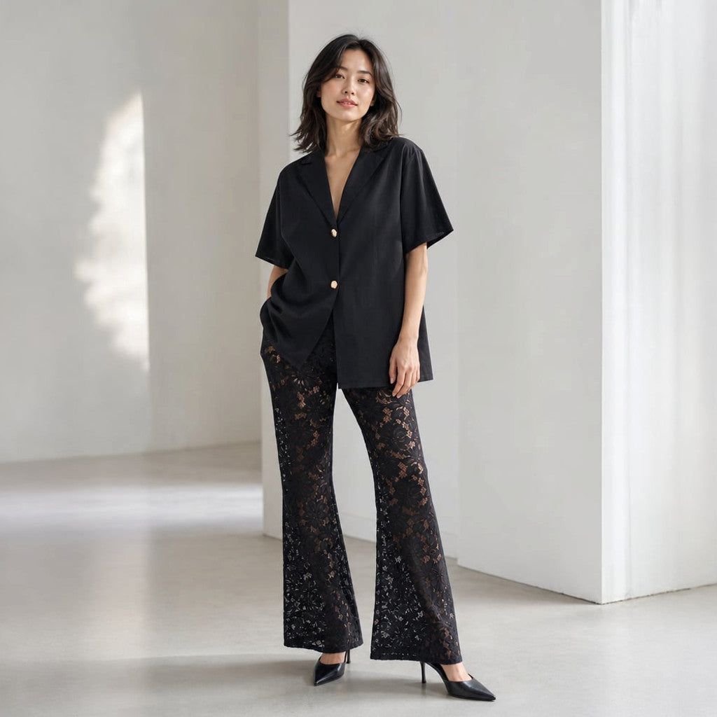 Two-Piece Set Cotton V-Neck Top Sheer Lace Wide-Leg Trousers Black – Molieri