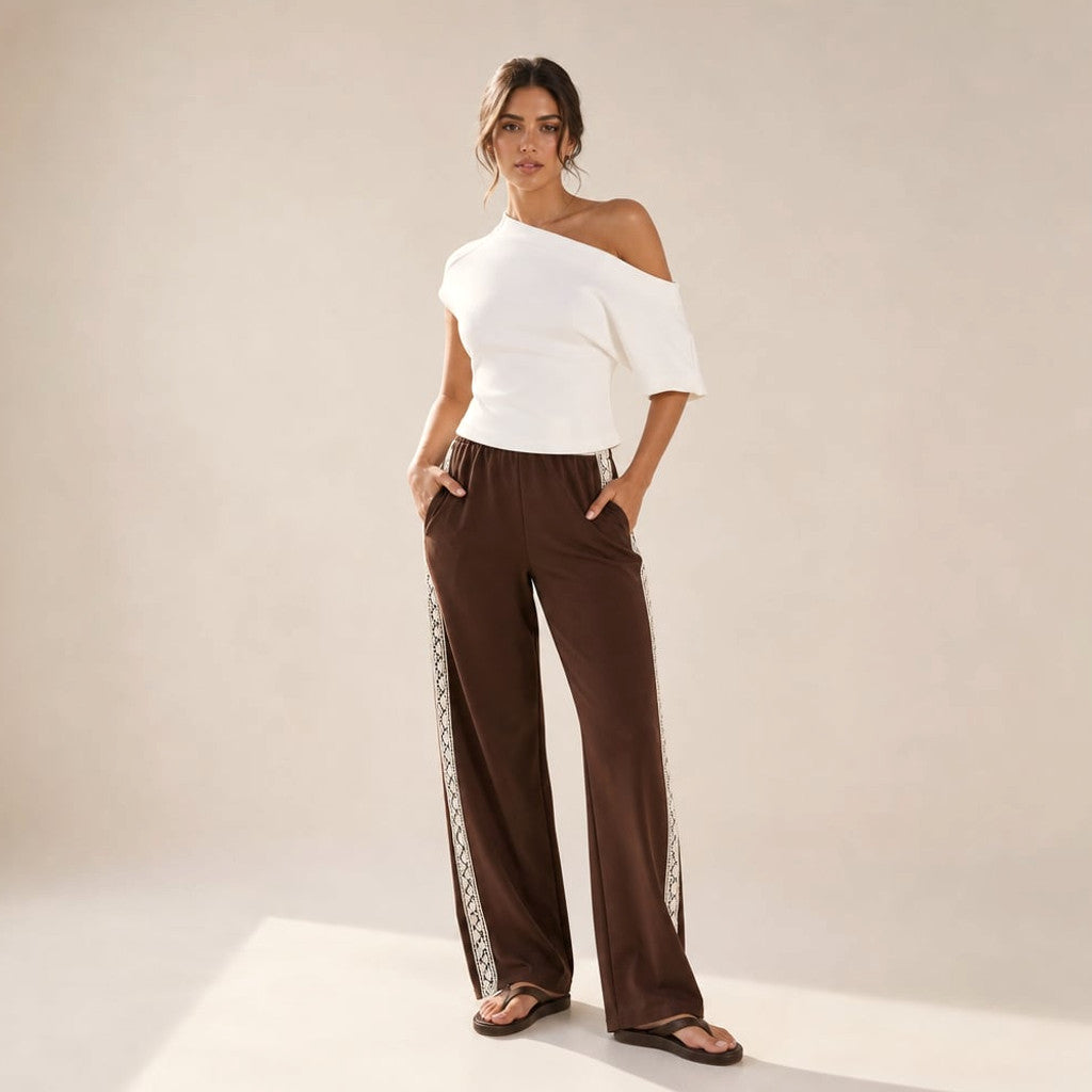 Racer Stripe Pleated Trackpants Chocolate Lace Trim – Molieri