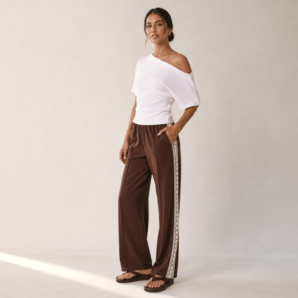 Racer Stripe Pleated Trackpants Chocolate Lace Trim – Molieri