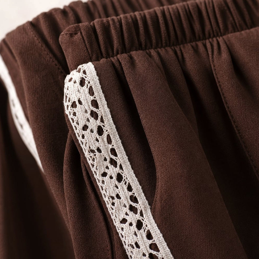 Racer Stripe Pleated Trackpants Chocolate Lace Trim – Molieri