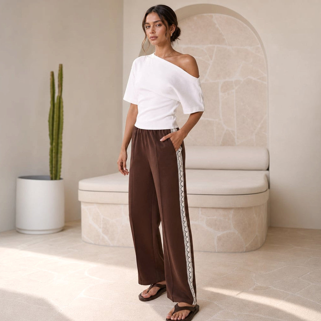 Racer Stripe Pleated Trackpants Chocolate Lace Trim – Molieri