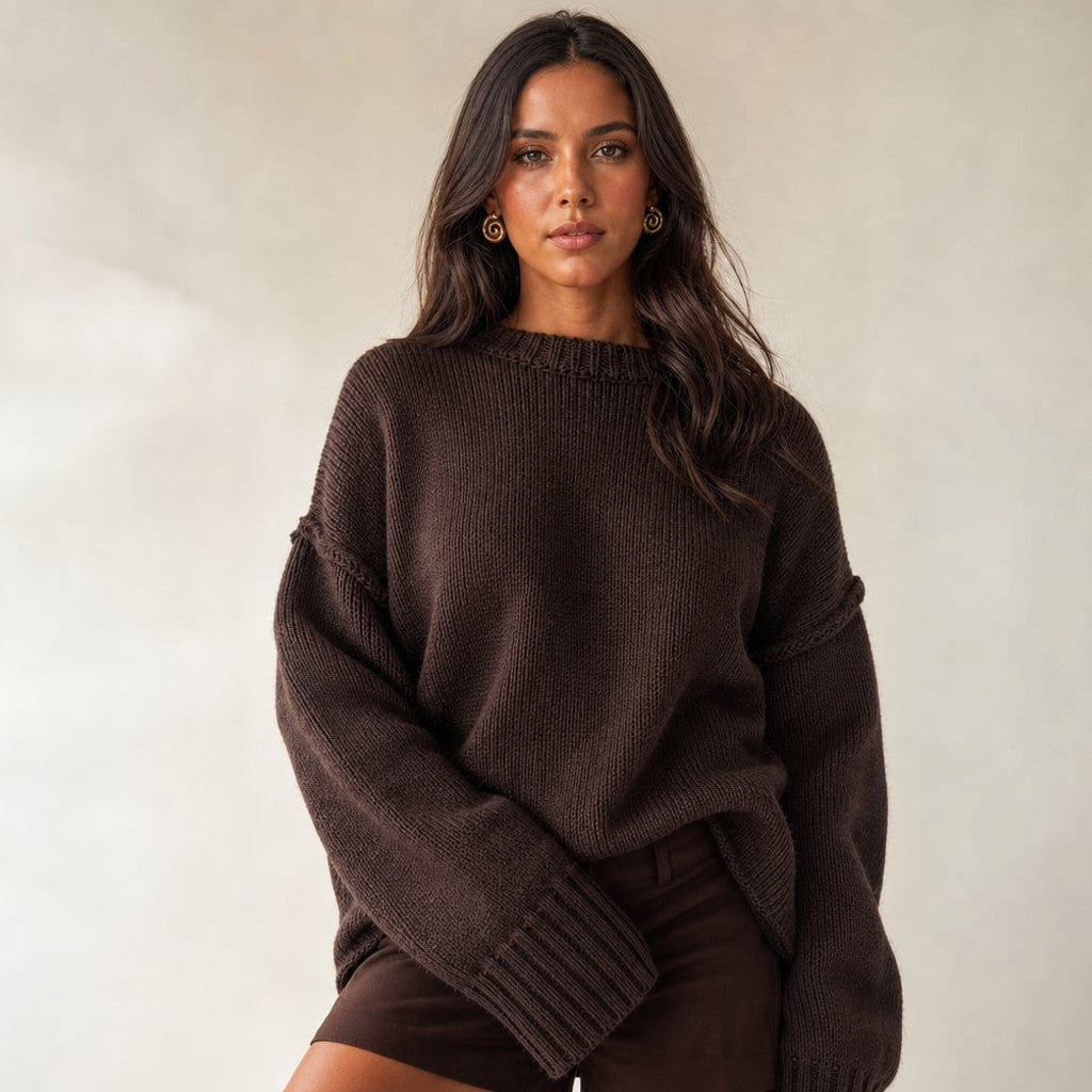 Paenus knit jumper in chocolate brown, crew neck, relaxed fit, brushed cotton, front view on model