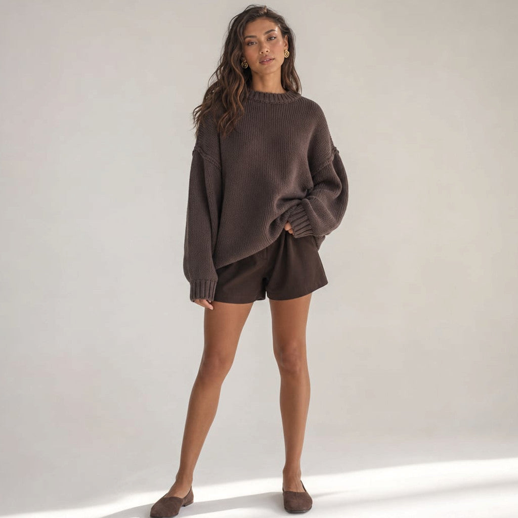 Knit Jumper 100% Cotton Crew Neck Chocolate – Molieri