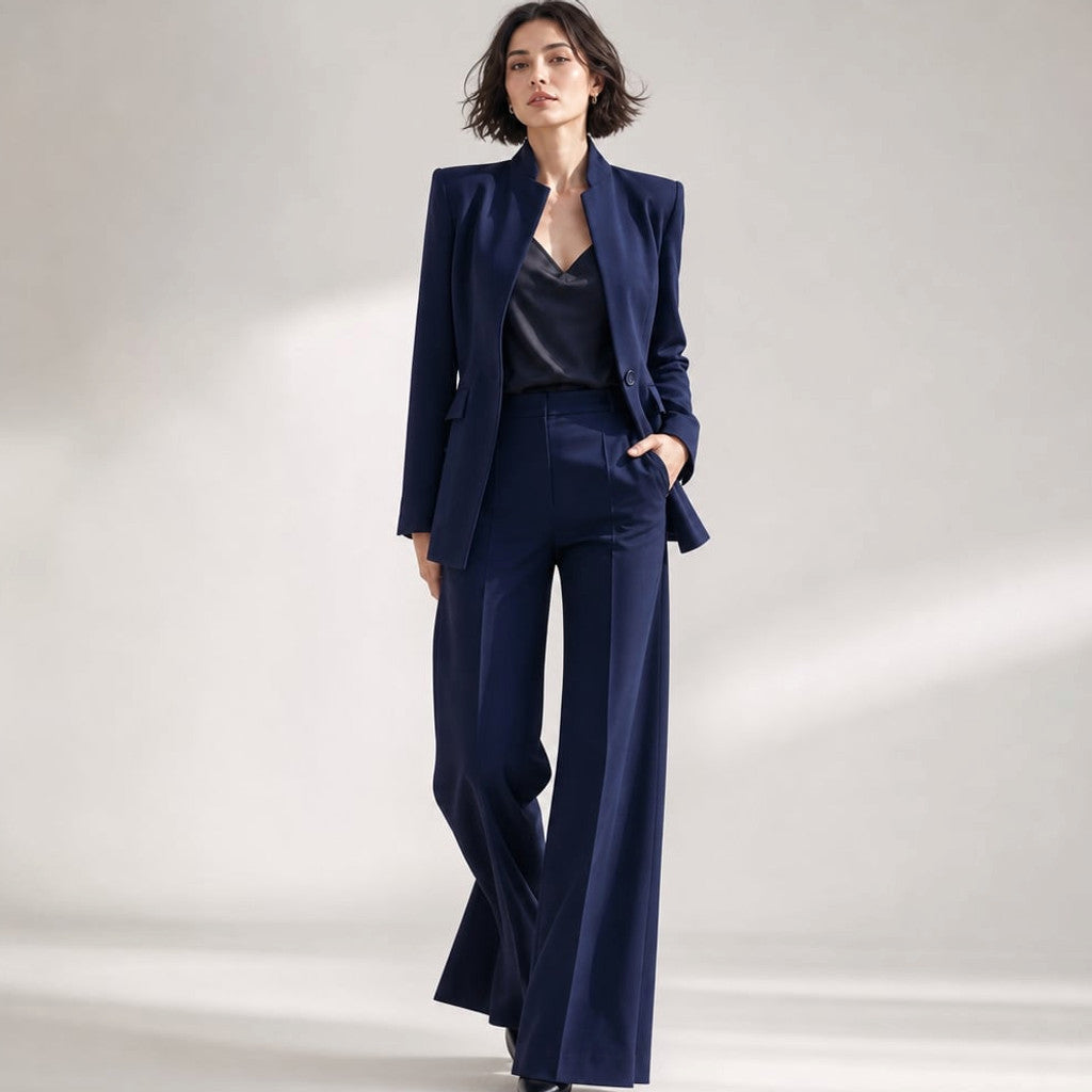 Model wears Vael tailored co-ord in navy blue, stand collar fastened, wide-leg trousers falling straight to the ankle