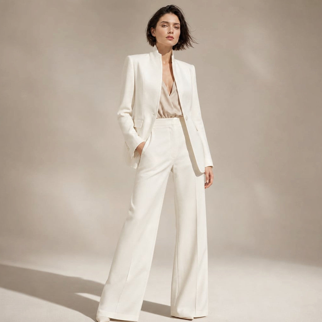 Two-Piece Suit Stand Collar Blazer Wide-Leg Trousers in White – Molieri