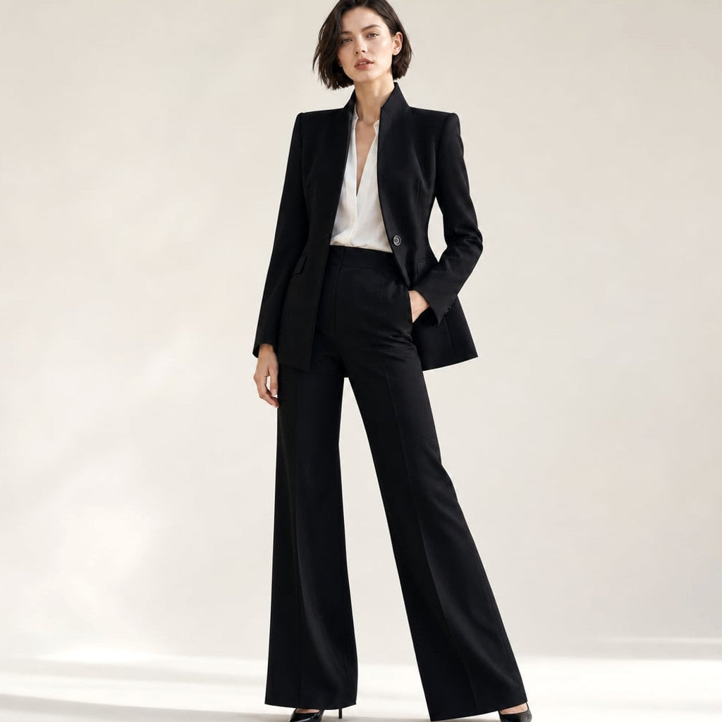 Two-Piece Suit Stand Collar Blazer Wide-Leg Trousers in Black – Molieri