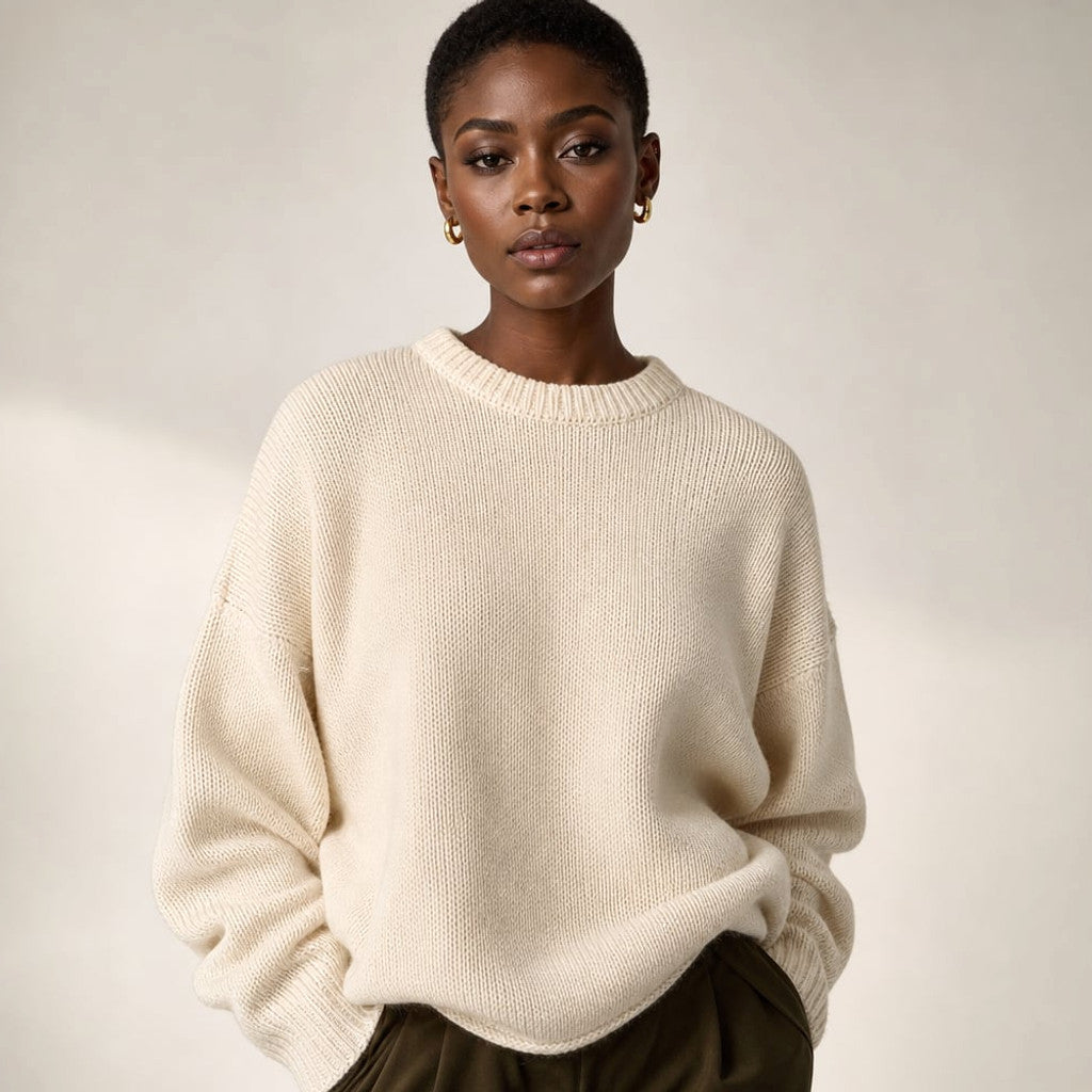 Nikova cream cotton crew neck knit jumper, front view showing clean neckline and long sleeves