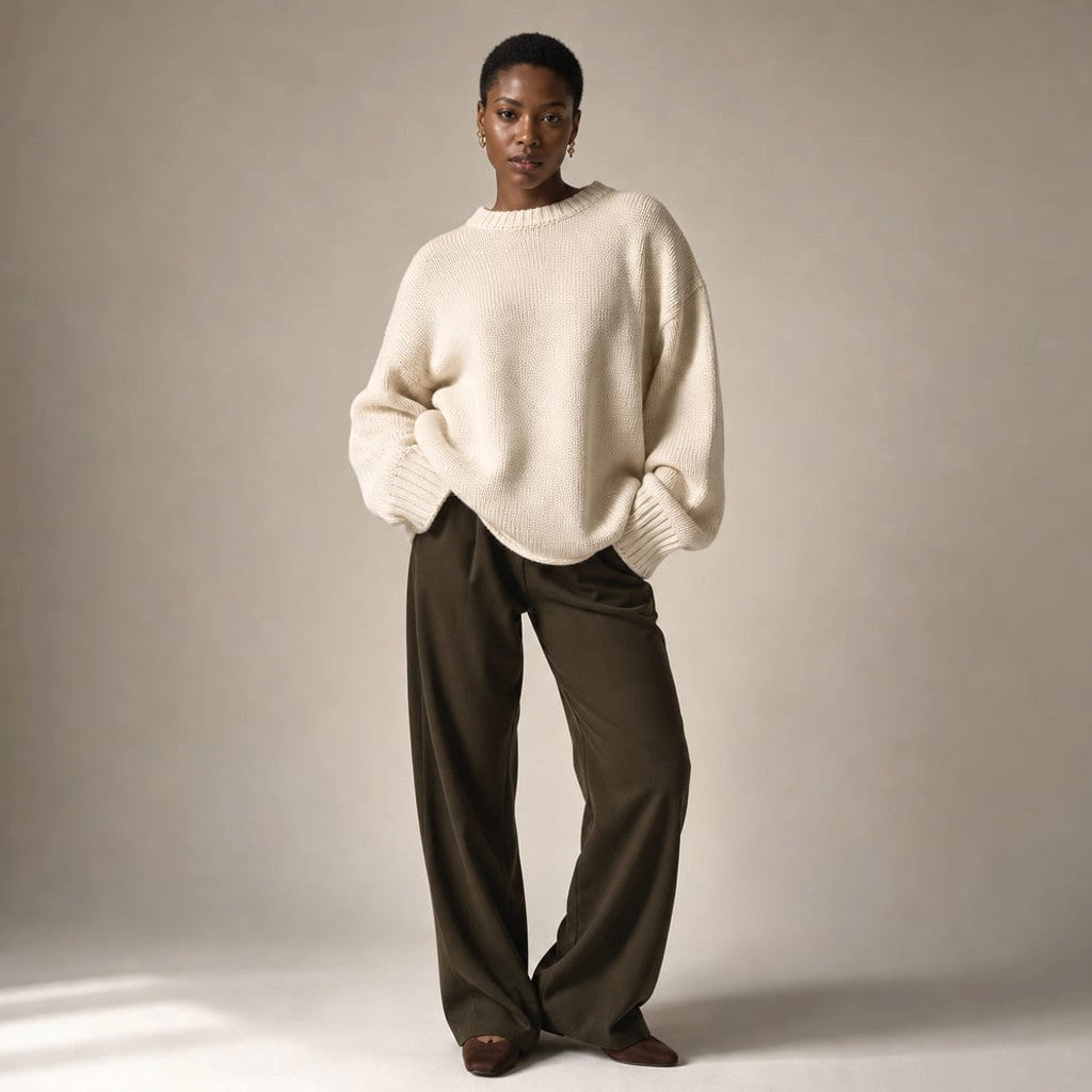 Knit Jumper 100% Cotton Crew Neck Long Sleeve Cream – Molieri
