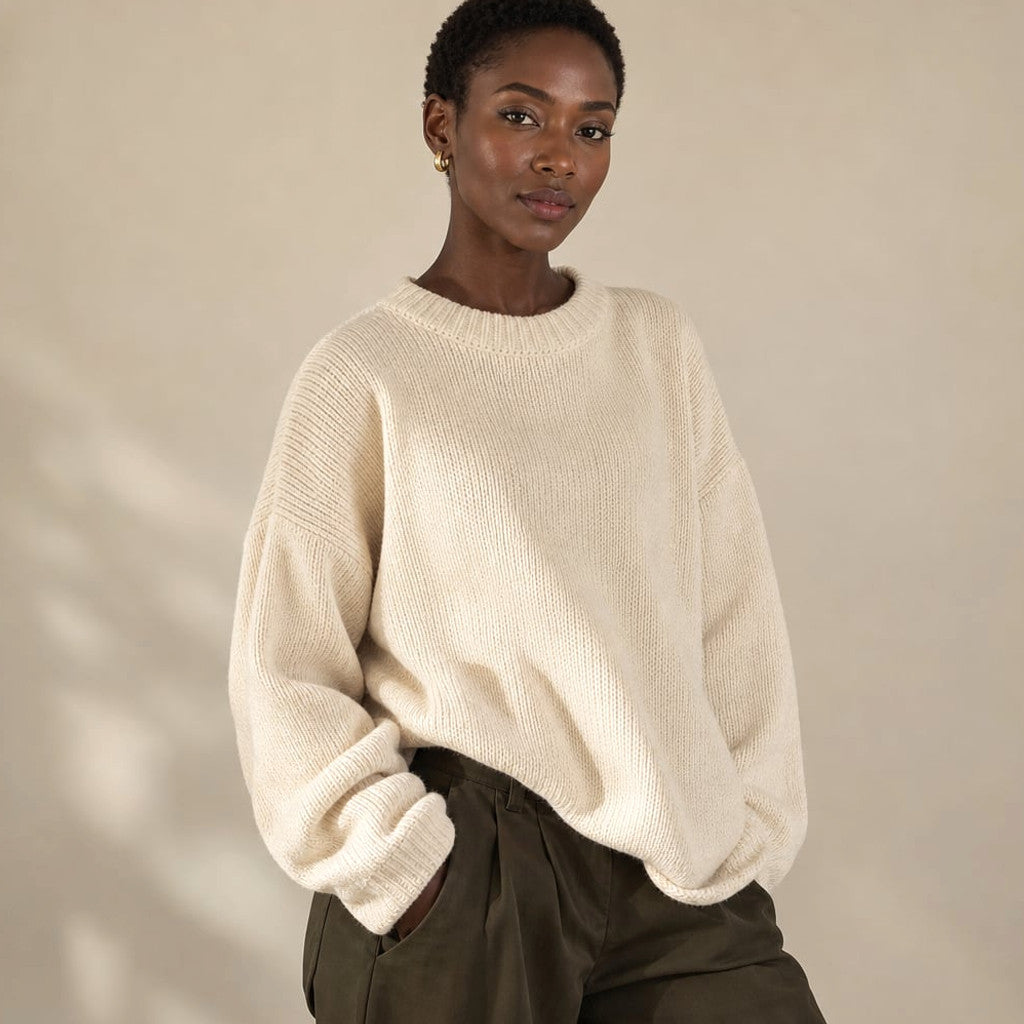 Knit Jumper 100% Cotton Crew Neck Long Sleeve Cream – Molieri